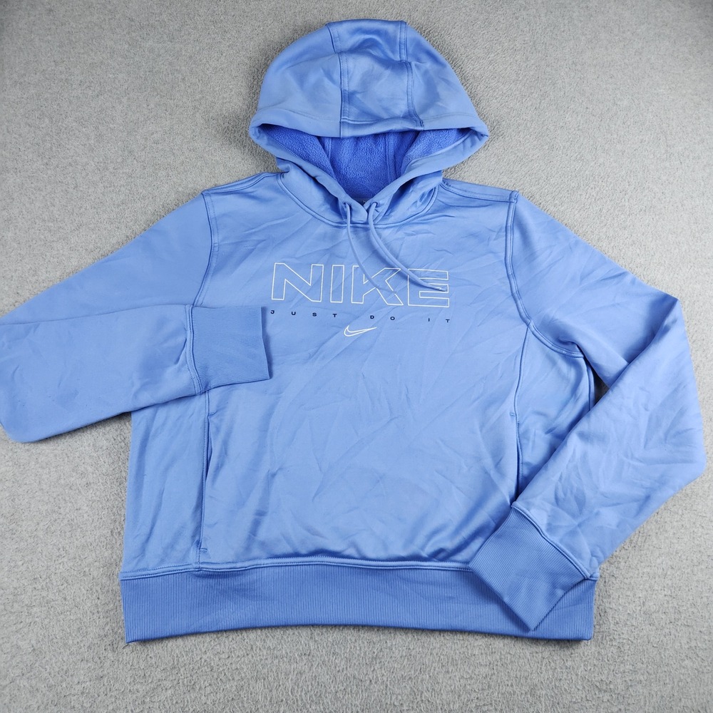 Nike Hoodie Women Large Blue Fleece Lined Therma-FIT Just Do It Graphic Pullover